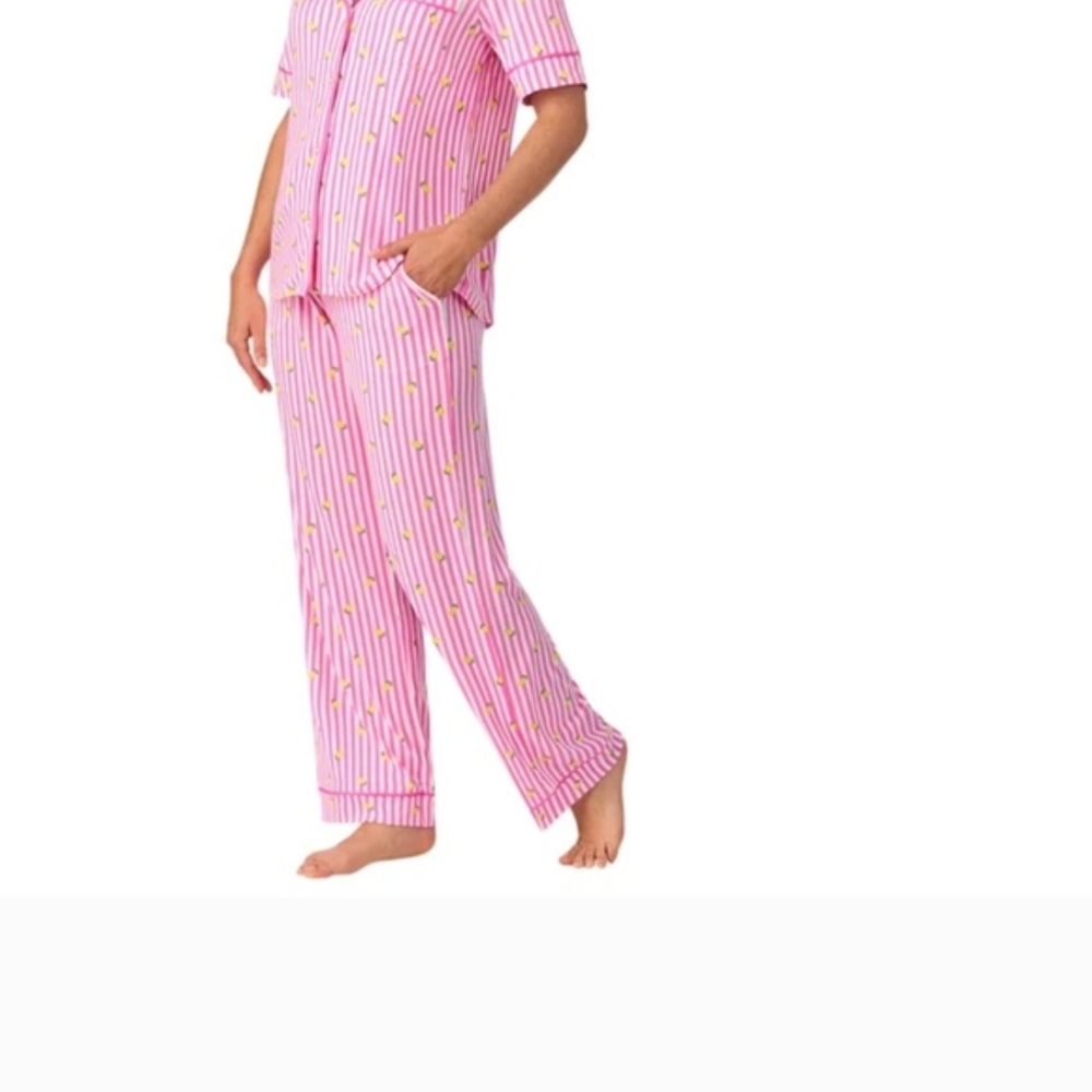 NWOT Women's Room Service Pink Lemonade Stripe Notch Collar Pajama Set Sz. Small - Picture 2 of 4
